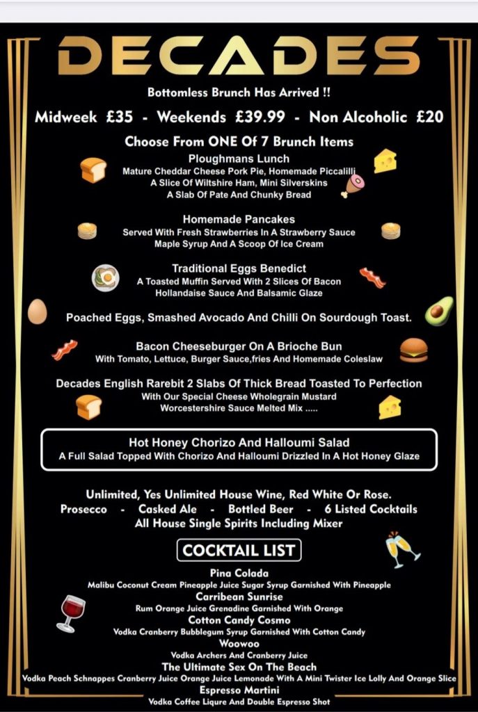 decades bottomless brunch menu
